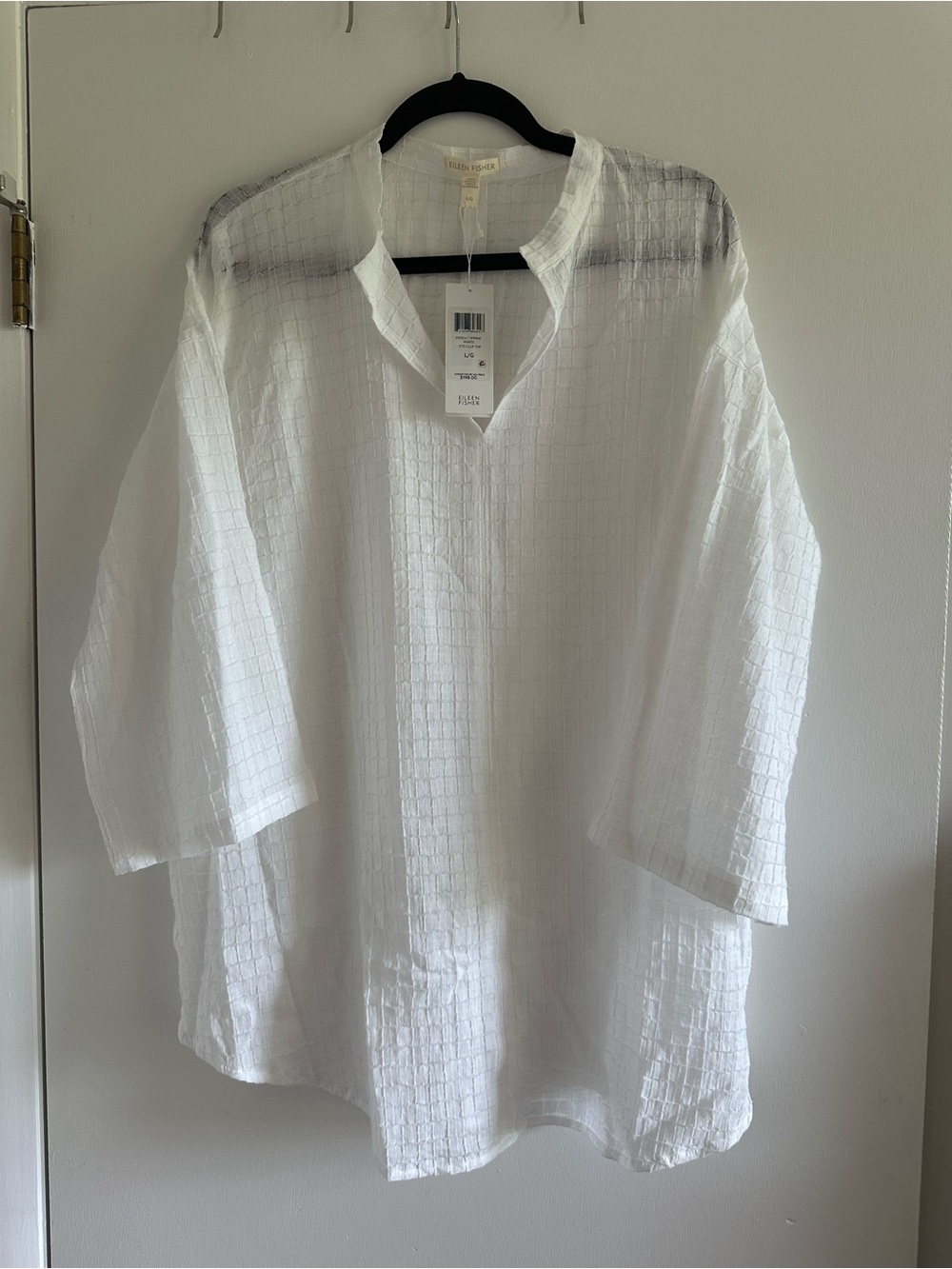 Eileen Fisher White Textured Split V Collar Top